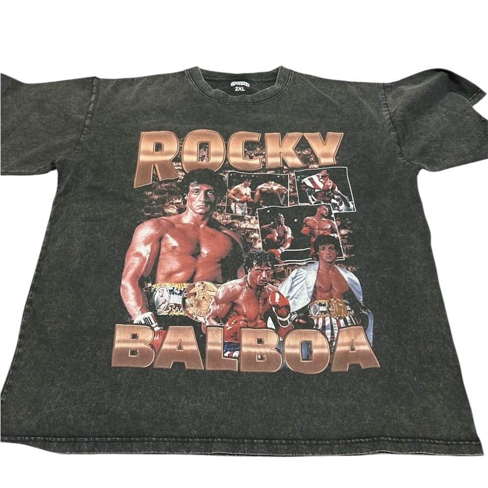 Rocky Balboa Vintage-Style Graphic Tee – Washed Black – Size 2XL